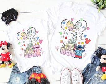 T-shirt Disney-kasteel ballon Stitch and Angel, shirt Stitch Angel Minnie Bow Couple, T-shirt Lilo and Stitch, shirt Disney Stitch Snacks