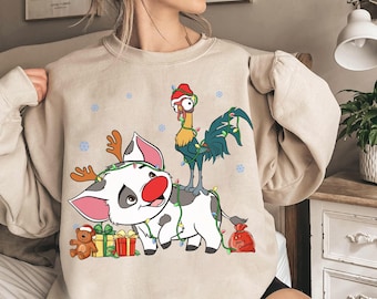 Vintage Disney Moana Characters Shirt, Funny Hei Hei And Pua Christmas Lights Shirt, Moana Rooster Christmas Shirt, Disneyland Xmas Shirt
