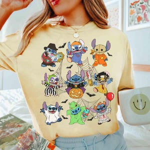 Vintage lustige Disney Stitch Kostüm Horror Charaktere Halloween T-Shirt, Lilo und Stitch Shirt, Süßes oder Saures, Disneyland Mickey's Not So Scary Bild 5