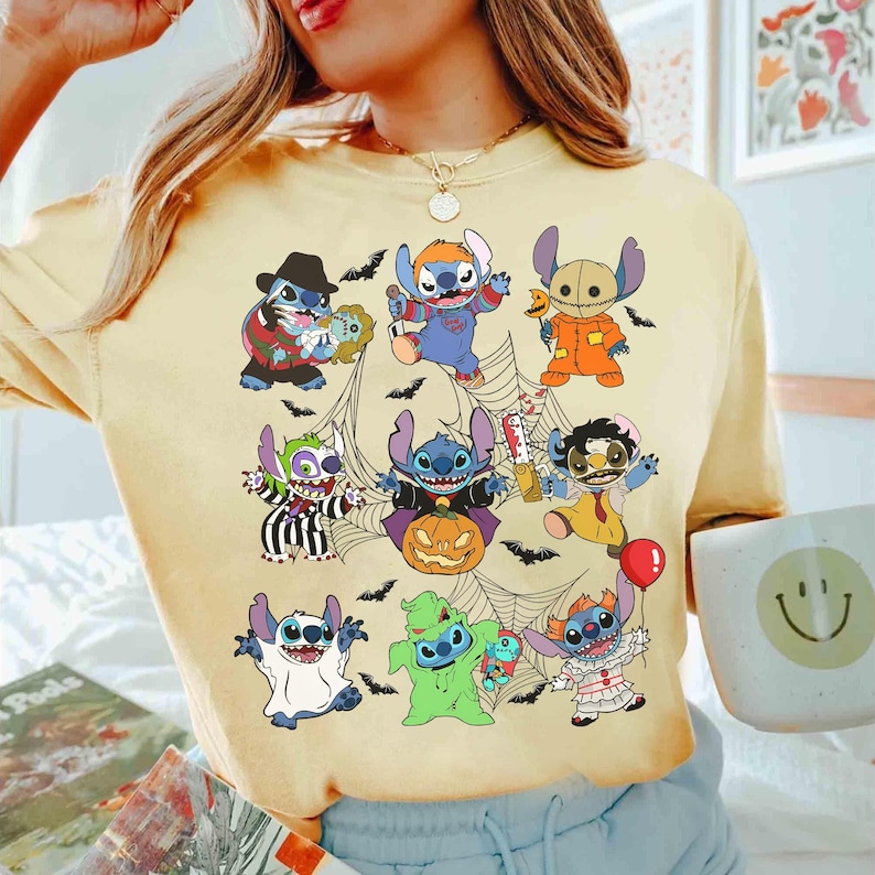 Vintage lustige Disney Stitch Kostüm Horror Charaktere Halloween T-Shirt, Lilo und Stitch Shirt, Süßes oder Saures, Disneyland Mickey's Not So Scary Bild 5
