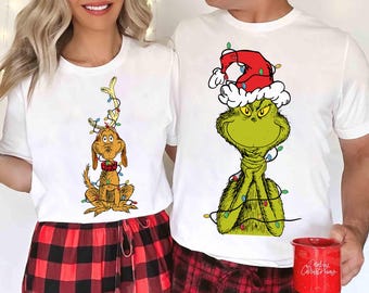 Klassiek Grinch en Max hondenshirt kerstverlichting, Merry Grinchmas, Grinchy Xmas, Whoville Grinch Xmas, feestelijk Grinch en Max Christmas-T-shirt