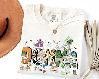 Camiseta personalizada con nombre para niños pequeños de Toy Story, personajes de Halloween, camiseta personalizada de Disney, Buzz, Woody y Jessie, camiseta personalizada de cumpleaños para niño y niña.