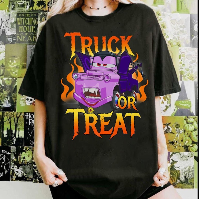 Disney Pixar Cars Halloween Tow Mater Vampire Truck Or Treat Shirt, Mater Halloween Costume T-shirt, Cars Halloween Group Matching Tee image 2