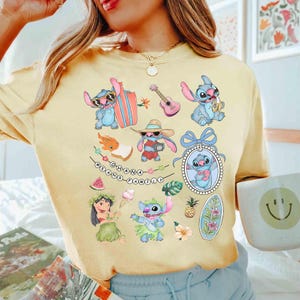Kokette Bögen Aquarell Lilo und Stitch Pudge kontrolliert das Wetter-Shirt, niedliches Stitch Hawaii-Shirt, Disneyland-Familien-Matching-Shirt Bild 5