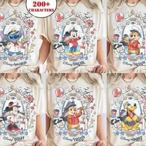 May include: A cream-colored t-shirt featuring six distinct Disney cruise ship designs. Each graphic displays a character in nautical attire, the text 'LET'S CRUISE', '2024', 'CUSTOM NAME', and specific ship names including Adventure, Dream, Treasure, Wish, Fantasy, and Wonder.