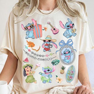 Kokette Bögen Aquarell Lilo und Stitch Pudge kontrolliert das Wetter-Shirt, niedliches Stitch Hawaii-Shirt, Disneyland-Familien-Matching-Shirt Bild 1