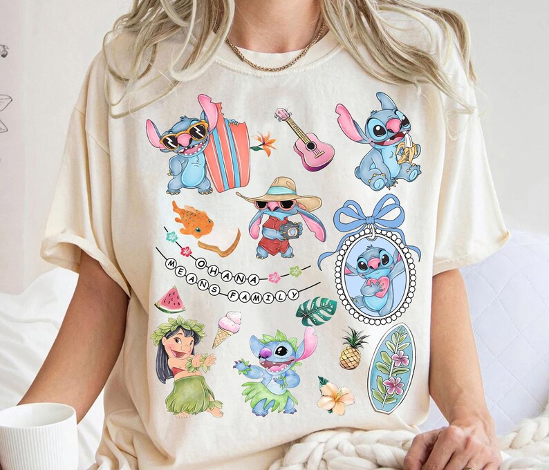 Kokette Bögen Aquarell Lilo und Stitch Pudge kontrolliert das Wetter-Shirt, niedliches Stitch Hawaii-Shirt, Disneyland-Familien-Matching-Shirt Bild 1