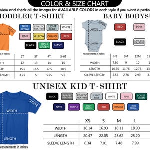 The image is a color and size chart for children's clothing, specifically for a toddler t-shirt and a baby bodysuit. The chart provides measurements for both the t-shirt and the bodysuit, along with color options and corresponding sizes.