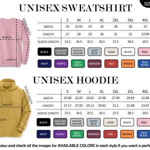 The image is a size chart for a unisex sweatshirt, which includes a table with measurements for different sizes and a list of available colors.