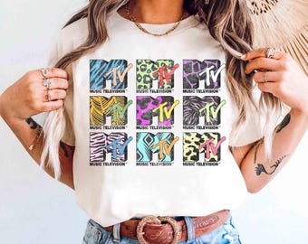 MTV 9 Logos of the Nineties Comfort Color Tee, Vintage Music Television Tee, MTV Logo T-shirt, Retro 80s & 90s MTV Wash Family Matching Tee