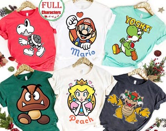 Camiseta retro de Nintendo Super Mario con retratos de todos los personajes, camiseta de Luigi, Bowser, Dry, Princesa Peach, Daisy, Toad, Yoshi y Goomba, camiseta para gamers