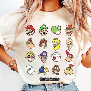 Nintendo Super Mario Character Faces Grid Graphic T-Shirt, Mario Toad Yoshi Peach Luigi Bowser Shirt, Super Mario Costume Matching Shirt