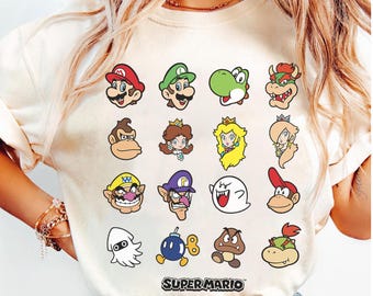 Nintendo Super Mario Character Faces Grid Graphic T-Shirt, Mario Toad Yoshi Peach Luigi Bowser Shirt, Super Mario Costume Matching Shirt