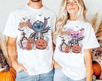 Vintage Disney Stitch and Angel-skeletkostuum Halloween-paar T-shirt, Lilo and Stitch-shirt, Trick or Treat, Disney Mickey's Not So Scary