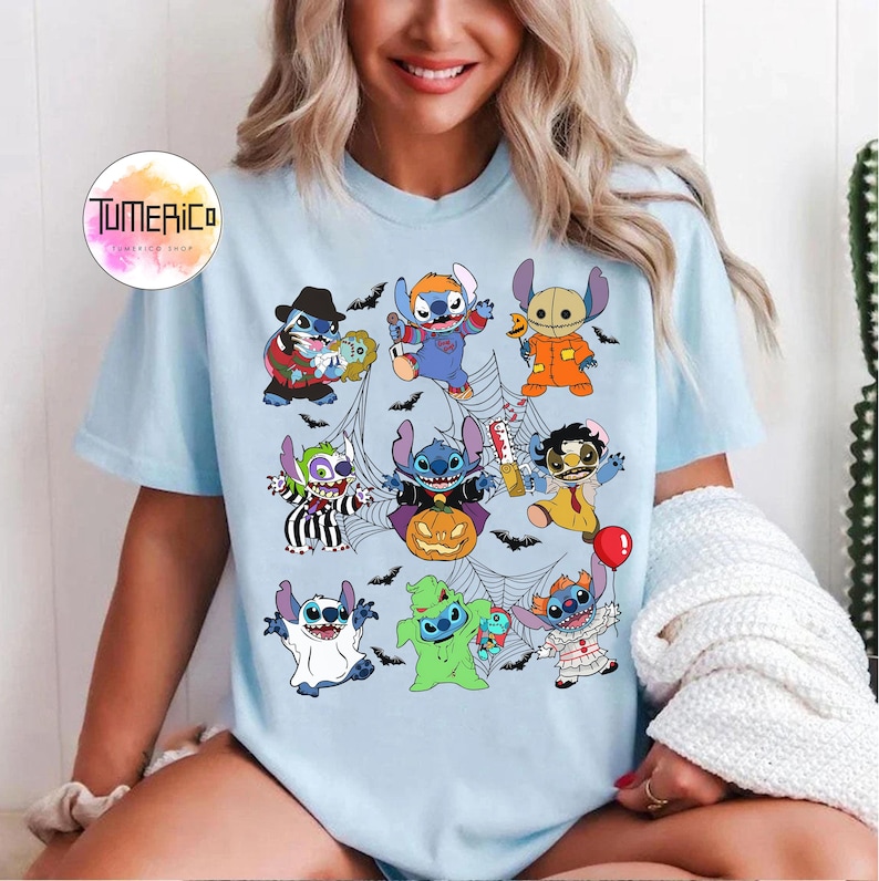 Vintage lustige Disney Stitch Kostüm Horror Charaktere Halloween T-Shirt, Lilo und Stitch Shirt, Süßes oder Saures, Disneyland Mickey's Not So Scary Bild 3