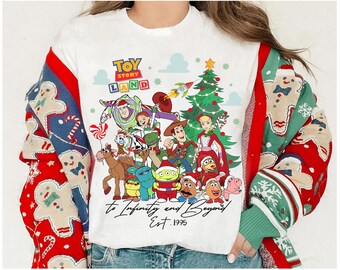 Retro Toy Story Land To Infinity and Beyond Disney Christmas Shirt, Buzz Lightyear Woody Jessie Christmas Shirt,Mickey's Very Merry Xmas Tee