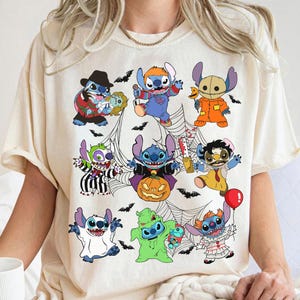 Vintage lustige Disney Stitch Kostüm Horror Charaktere Halloween T-Shirt, Lilo und Stitch Shirt, Süßes oder Saures, Disneyland Mickey's Not So Scary Bild 1