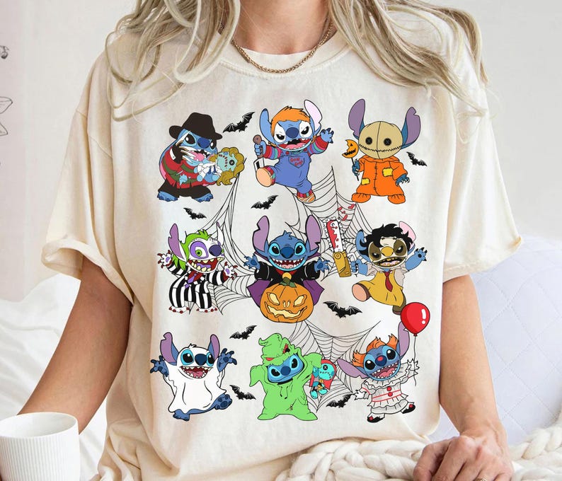 Vintage lustige Disney Stitch Kostüm Horror Charaktere Halloween T-Shirt, Lilo und Stitch Shirt, Süßes oder Saures, Disneyland Mickey's Not So Scary Bild 1