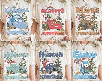Custom All Characters Disney Cars Christmas Shirt, Retro Disney Pixar Holiday Tee Vintage McQueen 95 Tow Mater Doc Hudson Merry Xmas Tee