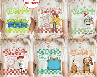 Retro Disney Pixar Toy Story 5 All Characters Checkered Signature Shirt, Woody, Buzz, Jessie, Bo Peep, Personalized TS 5 Group Matching Tee