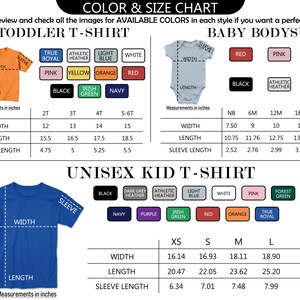 May include: A color and size chart for apparel featuring a toddler t-shirt, baby bodysuit, and unisex kid t-shirt. The chart displays available color swatches, measurement diagrams with width, length, and sleeve length, and tables with dimensions in inches for various sizes.