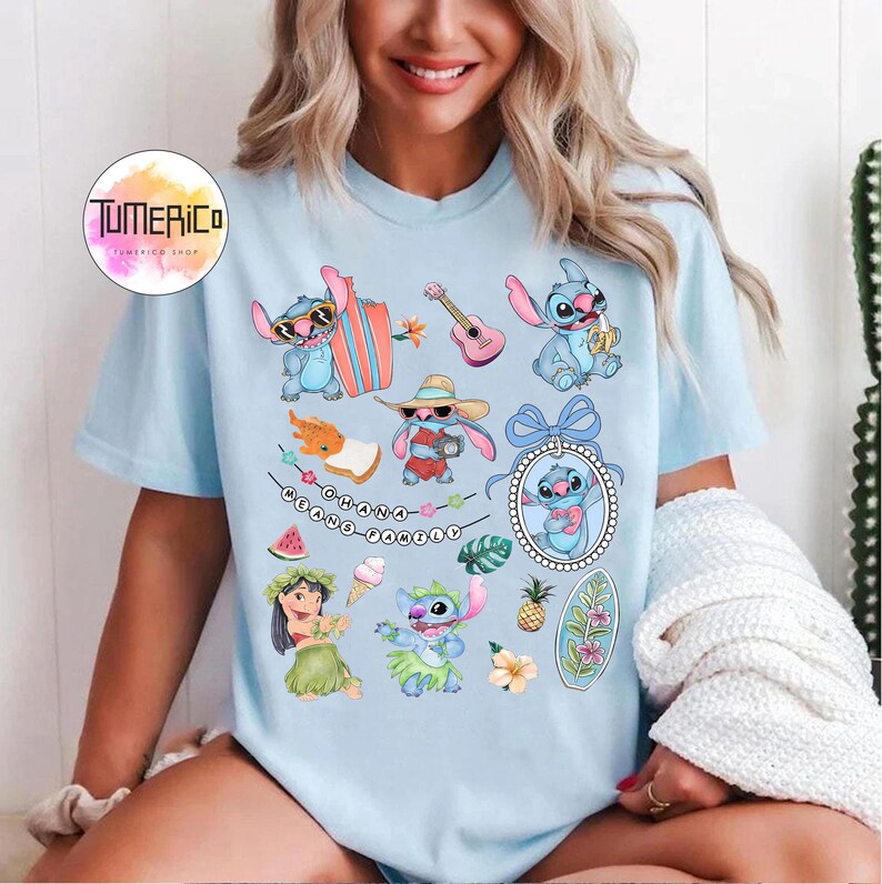Kokette Bögen Aquarell Lilo und Stitch Pudge kontrolliert das Wetter-Shirt, niedliches Stitch Hawaii-Shirt, Disneyland-Familien-Matching-Shirt Bild 4