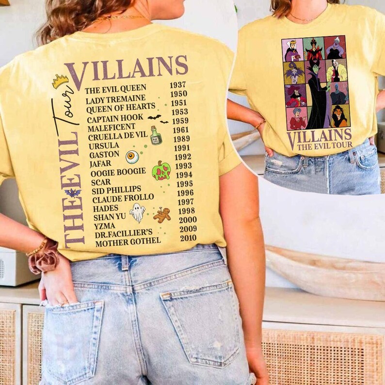 Dwustronna koszulka Disney Villains The Evil Tour, koszulka Disney Villains na Halloween, koszulka Evil Queen Maleficent Ursula, Disney Girl's Trip Halloween zdjęcie 3