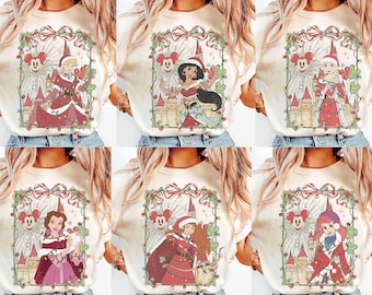 Vintage Disney Princess Christmas Lights Coquette Bow Shirts, Princess Group Christmas Shirt, Ariel Snow White TinkerBell Tiana Belle Xmas