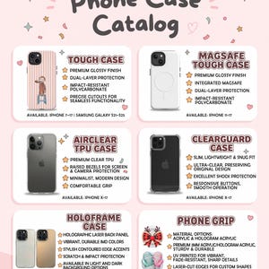 May include: A phone case catalog featuring six product options: a striped tough case with a monkey graphic, a white MagSafe tough case, a clear TPU case, a clear guard case, a holographic frame case, and a phone grip with various designs.