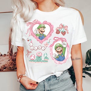 Maglietta con i personaggi del film Super Mario Galaxy e fiocco cocchi, maglietta Super Mario Luigi Peach Princess Trip, Universal World immagine 5