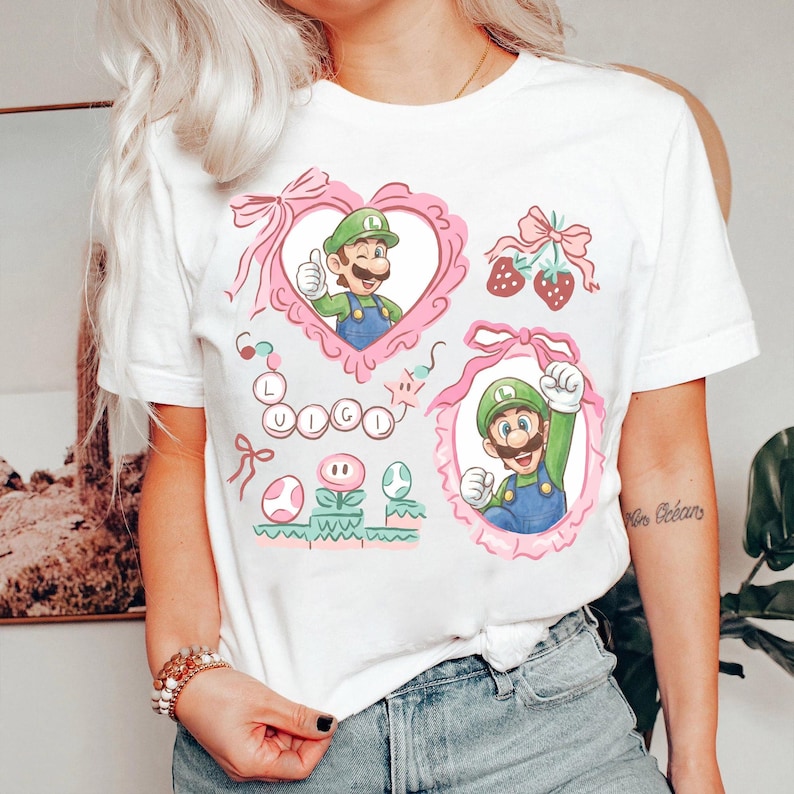 Maglietta con i personaggi del film Super Mario Galaxy e fiocco cocchi, maglietta Super Mario Luigi Peach Princess Trip, Universal World immagine 5