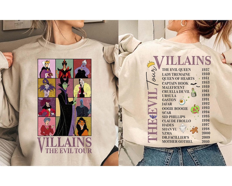 Dwustronna koszulka Disney Villains The Evil Tour, koszulka Disney Villains na Halloween, koszulka Evil Queen Maleficent Ursula, Disney Girl's Trip Halloween zdjęcie 1