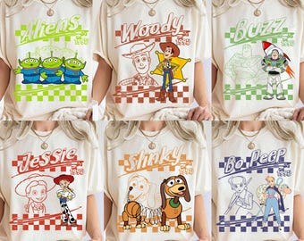 Retro Disney Pixar Toy Story All Characters Checkered Signature Shirt, Woody, Buzz, Jessie, Bo Peep, Personalized Group Matching Tee