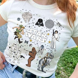 Chemise de griffonnages de constellation de prise de vue de groupe de personnages de Star Wars, chemise de croquis de Star Wars Leia Chewbacca Stormtrooper, t-shirt vintage de Star Wars