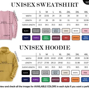 May include: A size chart for a unisex sweatshirt and a unisex hoodie, featuring illustrations of a pink sweatshirt and a gold hoodie with labeled width, length, and sleeve length dimensions. Includes tables for sizes S to 5XL and color swatches.