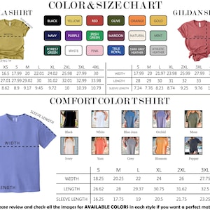 The image is a color and size chart for t-shirts, displaying various color options and corresponding sizes. It includes images of different t-shirt designs, along with their corresponding measurements. The chart provides a visual guide for customers to choose the color and size that best matches their preferences.