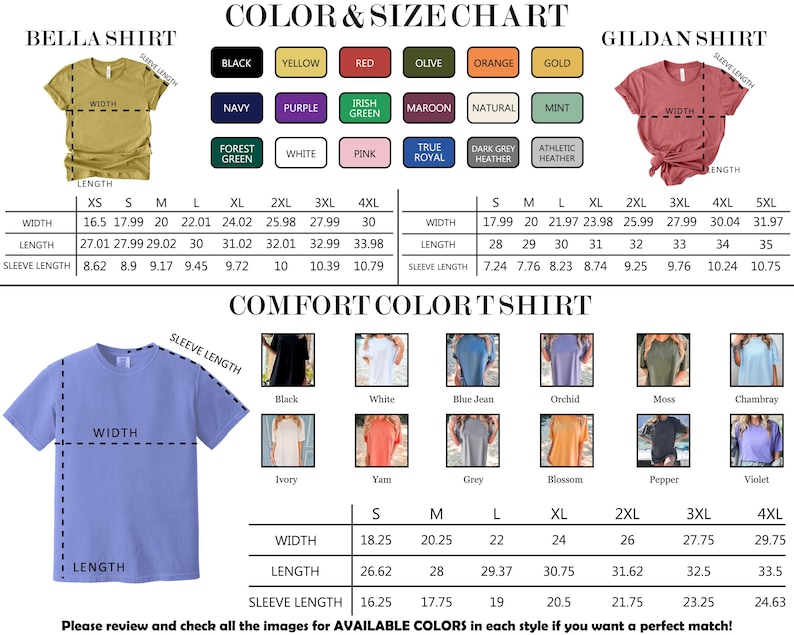 The image is a color and size chart for t-shirts, displaying various color options and corresponding sizes. It includes images of different t-shirt designs, along with their corresponding measurements. The chart provides a visual guide for customers to choose the color and size that best matches their preferences.