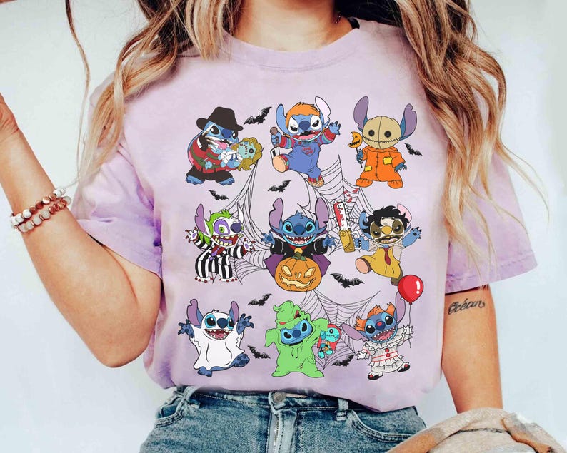Vintage lustige Disney Stitch Kostüm Horror Charaktere Halloween T-Shirt, Lilo und Stitch Shirt, Süßes oder Saures, Disneyland Mickey's Not So Scary Bild 6