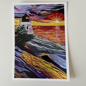 Biglietto piatto A5 con busta / Faro al tramonto / Arte a guazzo / Stilistico / Astratto / Colore pop / Luminoso