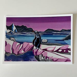 Biglietto piatto A5 con busta / Pinguino in viola / Arte a guazzo / Stilistico / Astratto / Colore pop / Luminoso
