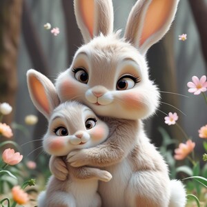 Abraço de mãe e filhote para o Dia das Mães – Arte fofa para imprimir | Coelho, raposa, urso, gatinho, elefante e muito mais | 32 cartões digitais de 300 DPI.
