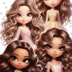 Imágenes prediseñadas de muñecas princesa – Gráficos de chicas de fantasía, cabello castaño rizado (PNG digitales)