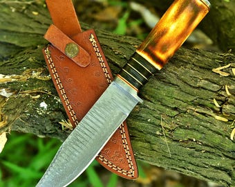 Handmade Damascus steel Hunting Knife With leather sheath , Outdoor Camping Knife , Father's Day Gift.