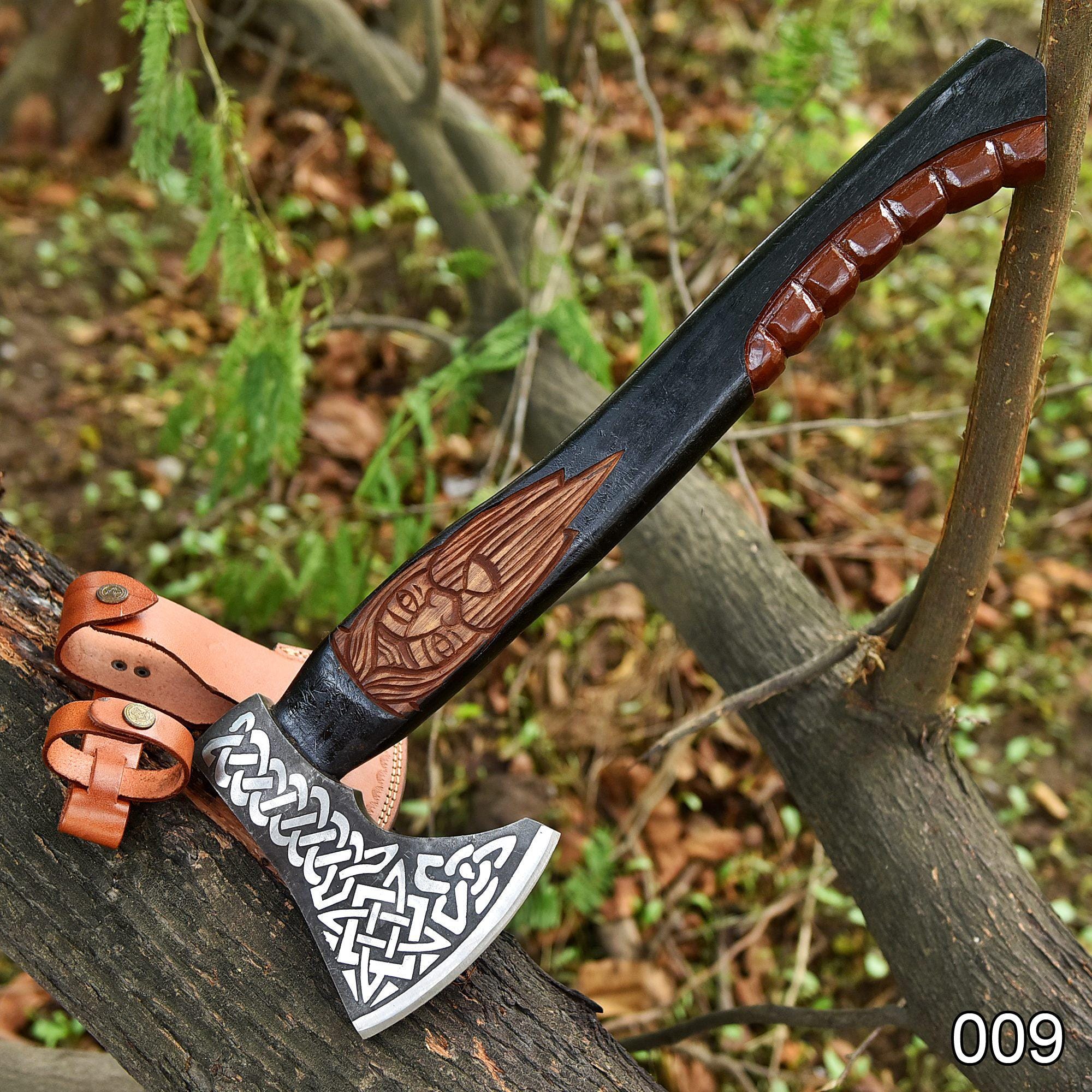 Hand Forged Viking Axe: Engraved Carbon Steel Hatchet, Ash