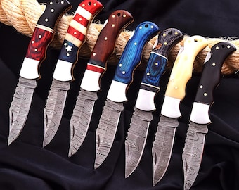 Handmade Damascus Steel Folding Knife, EDC Pocket Knife with Leather Sheath, Custom Outdoor Gift .