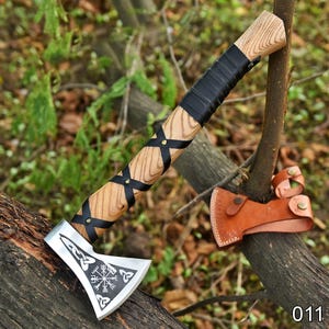 Viking Axe Hand Forged Carbon Steel – Etched Blade with Ash Wood Handle & Black Leather Wrap – Custom Gift for Him – Camping Throwing Axe”