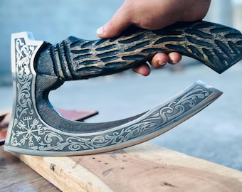 Handmade Carbon Steel Pizza Cutter Rocker – Viking Style Mezzaluna, Engraved Ash Wood Handle