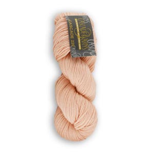 Op de afbeelding: Een streng licht perzikkleurig garen met een zwart en goud papieren label om de bovenkant gewikkeld. Het label bevat de tekst Cascade Yarns en Cascade 220 in een decoratief lettertype. Het garen is gedraaid tot een lange, doorlopende lus.