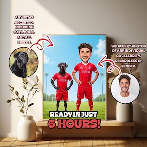 Father’s Day Soccer Portrait of Cartoon Dad and Pet in Liverpool Uniform – Unique Gift for Football Fans and Pet Lovers