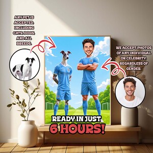 Cartoon Father's Day Portrait of Pet and Owner in Manchester City Uniform on Field – Custom Soccer Gift for Football-Loving Dads